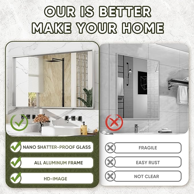 Suidia Bathroom Mirror, 60" x 30" Wall Mirror Metal Framed, Bathroom Vanity Mirror for Living Room Bedroom Bathroom Entryway, Silver, Rect Corner Style
