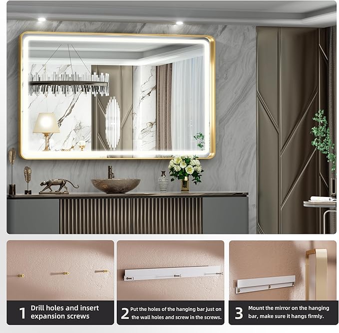 Hasipu LED Bathroom Mirror with Lights 40 x 26 Inch, Gold Metal Frame Light Mirror for Vanity Shaving, Wall Mounted Rounded Rectangle Mirror Anti-Fog, Dimmable, 3 Colors (Horizontal/Vertical)