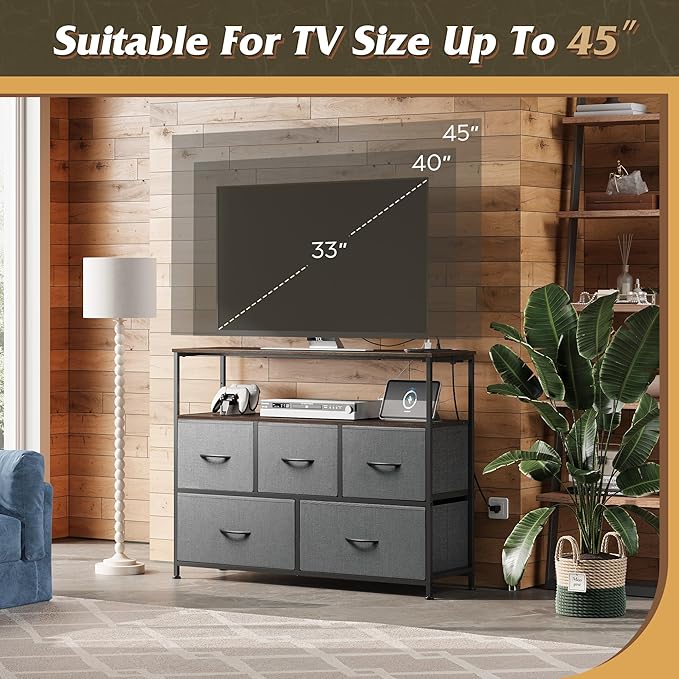 WLIVE 5 Drawer Dresser TV Stand for 45 Inch TV, Entertainment Center with Open Shelf and Power Outlet, Chest of Drawers for Bedroom, Living Room, Closet, Dark Grey