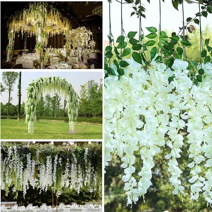 Artificial Wisteria Hanging Flowers Fake Wisteria Flower Garland Silk Vines Rattan Decor for Home Wedding Arch Wall Garden Greenery Bedroom Outdoor Office Party Decoration (24, White)