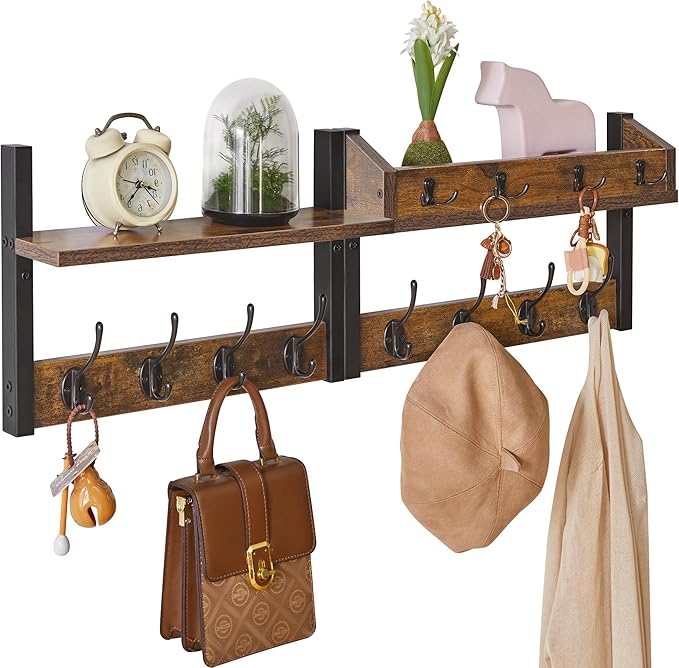 YMYNY 31.5" Coat Rack Wall Mount with Shelf, 4 in 1 Key and Coat Hanger with 12 Metal Hooks, Wall Shelf with Hooks & Mail Holder for Living Room, Bedroom, Rustic Brown, HWS007H-2