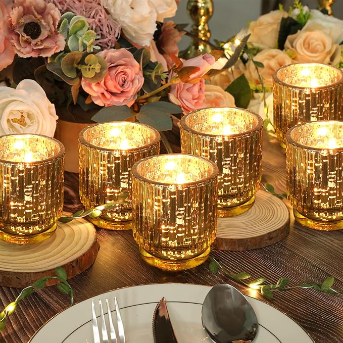 Gold Mercury Glass Votive Candle Holders Set of 6, Wedding Party Candlestick, Elegant Table Centerpiece Candles,Gold Tealight Candle Holders Set, Festive Holiday Home Decor