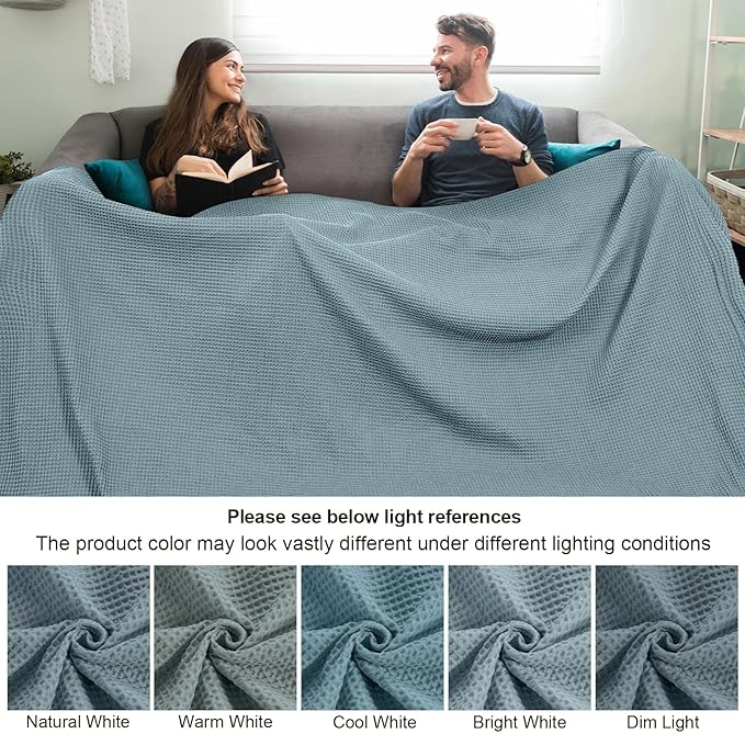 PHF 100% Cotton Waffle Weave Family Blanket,Oversized King Size 120"x 120"-Pre-Washed Snag Proof Lightweight Breathable Moisture-Wicking, 10'x 10' Huge Extra Large Big,Home Decoration Gift-Ocean