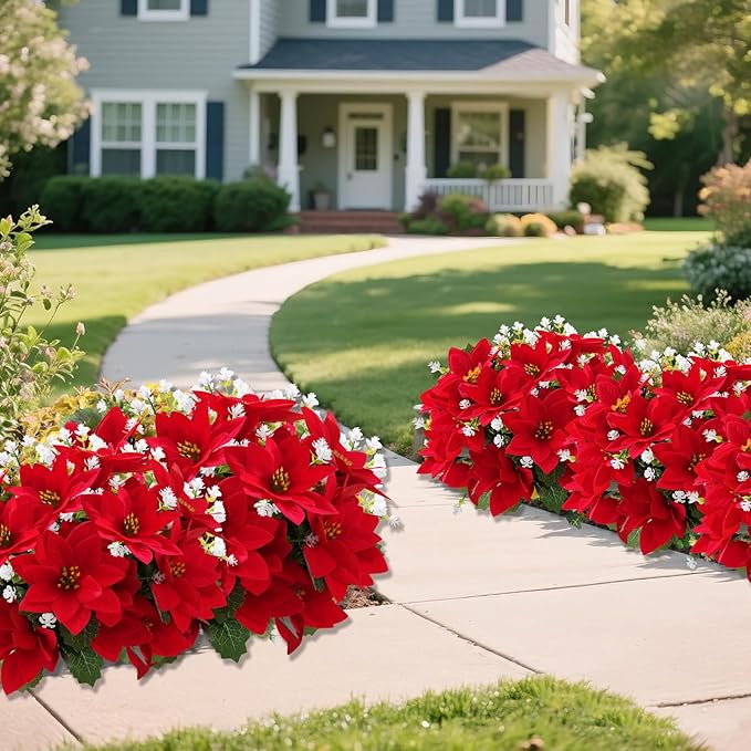 Artificial Flowers for Outdoors Red Christmas Poinsettia Flowers 12 Bundles Mixed Fake Plants UV Resistant Faux Flowers for Outdoor Planters Garden Porch Patio Home Winter Decor