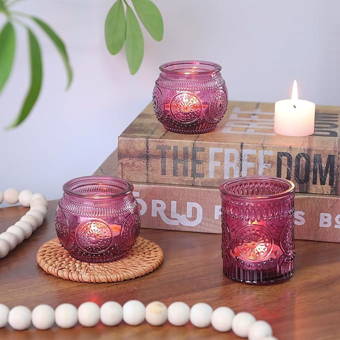 DARJEN 48Pcs Pueple Votive Candle Holders - Vintage Tea Lights Candle Holders, Glass Votives for Party, Wedding Table Centerpieces, Baby Shower Decor & Gift