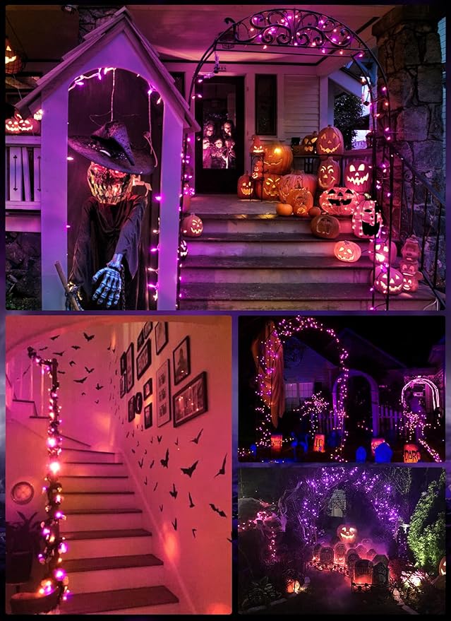 Halloween Orange Purple Outdoor Lights,17.8 Feet 50 LED Christmas Lights with 8 Modes,Waterproof Mini String Lights Battery Operated for Outdoor Indoor Use, Xmas Halloween Tree Holiday Party Patio