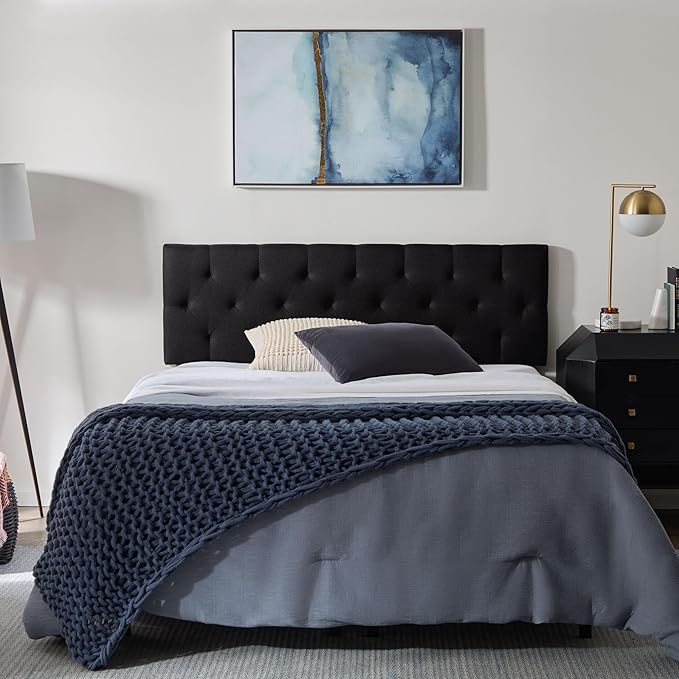Lucid Mid-Rise Upholstered Headboard - Diamond Tufted - Padded Polyester - Adjustable Height from 34” to 46” - Easy Assembly - Bed Frame or Wall Mount - Sturdy - Black - Queen Size