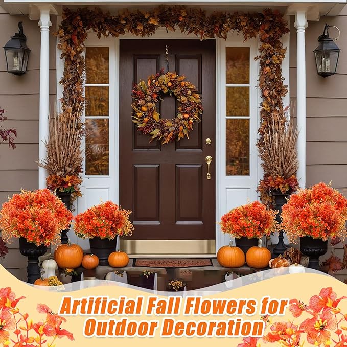 Mimorou 60 Bundle Fall Artificial Flowers Outdoor UV Resistant Autumn Orange Fake Plants Flowers Faux Plastic Greenery Decoration Shrub for Wedding Window Box Home Porch Fireplace Thanksgiving