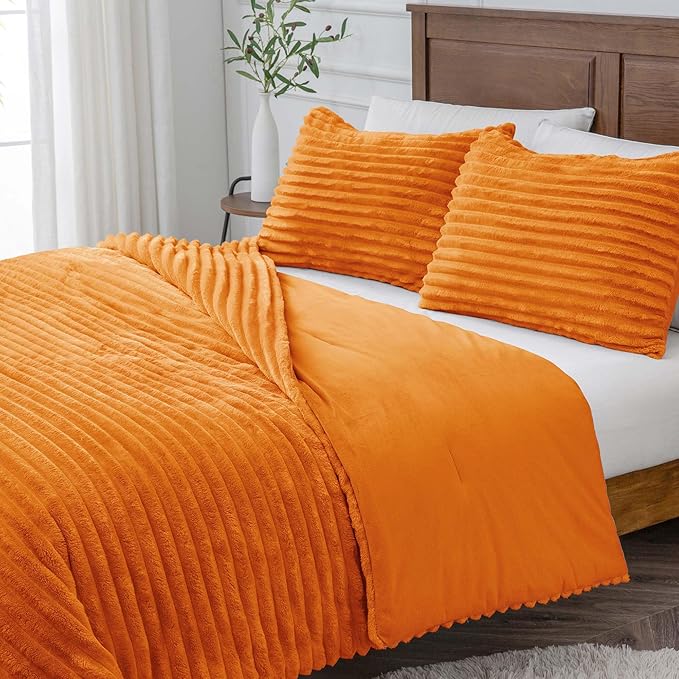 BEDELITE Fleece Queen Comforter Set -Super Soft & Warm Fluffy Burnt Orange Bedding, Luxury Fuzzy Heavy Bed Set for Winter with 2 Pillow Cases