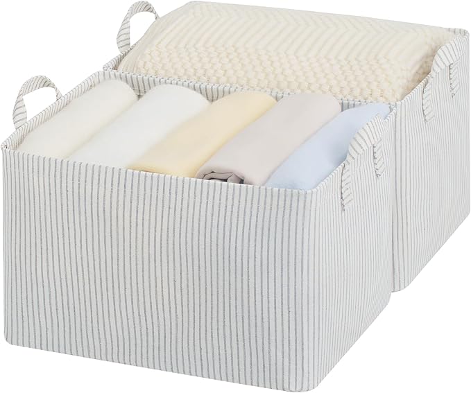 StorageWorks Storage Bins, Fabric Storage Bins for Shelves, Large Storage Baskets with Metal Frame, Closet Baskets and Bins with Handles, Gray and White Stripes, 2-Pack