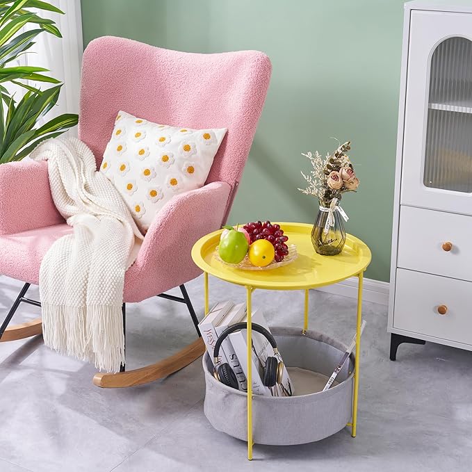 VECELO Round Side/End Table with Fabric Storage Basket,Metal Anti-Rust and Waterproof Small Bedside Nightstand with Removable Tray Top for Living Room,Balcony & Laundry,Yellow /2pcs with Basket
