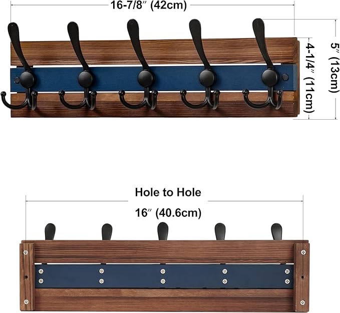 SKOLOO Rustic Wall Mounted Coat Rack - 17" Long Coat Hooks for Wall with 5 Triple Hooks for Hanging Coats, Hats or Tools, Western National Parks Collection, Wood Brown & Blue