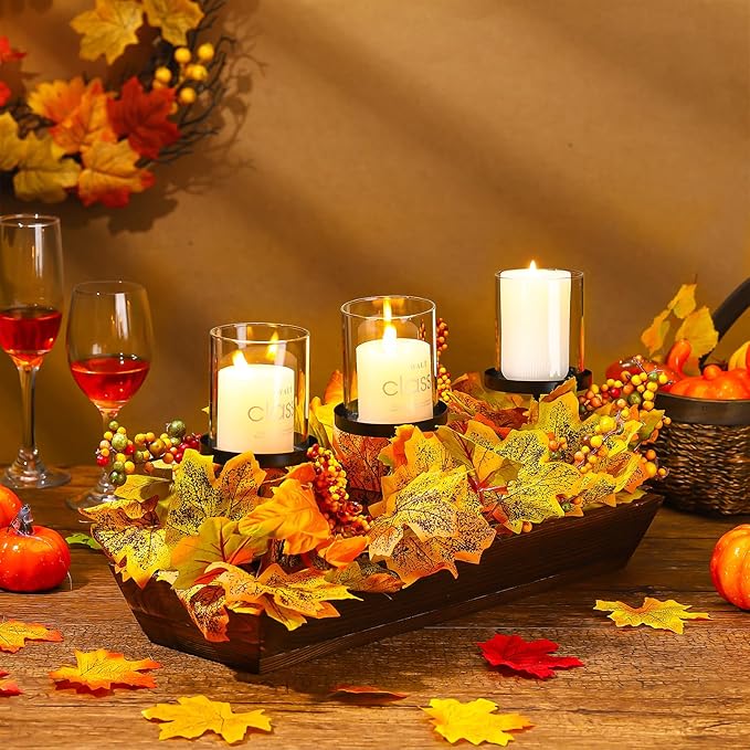 Fall Table Centerpiece Fall Thanksgiving Candle Holder with 3 Candle Holders and 3 Glass Cups, Artificial Maple Leaf Harvest Table Centerpiece with Pumpkins Berries