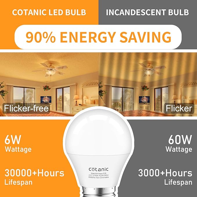 Cotanic Ceiling Fan Light Bulbs 2700K Warm White, A15 LED Bulb E26 Medium Screw Base,6W Small Chandelier Light Bulb 60W Equivalent,600lm,Non-Dimmable,6 Pack