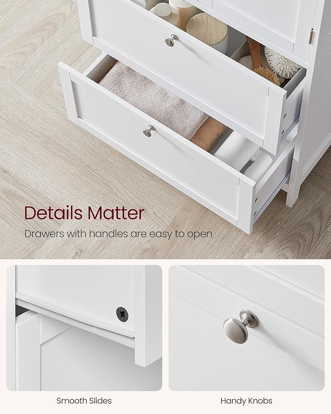 VASAGLE Floor Storage Cabinet, Freestanding Storage Unit with 2 Drawers and 2 Doors, Adjustable Shelf, 11.8 x 23.6 x 43.3 Inches, for Entryway, Bathroom, White UBBC551P31