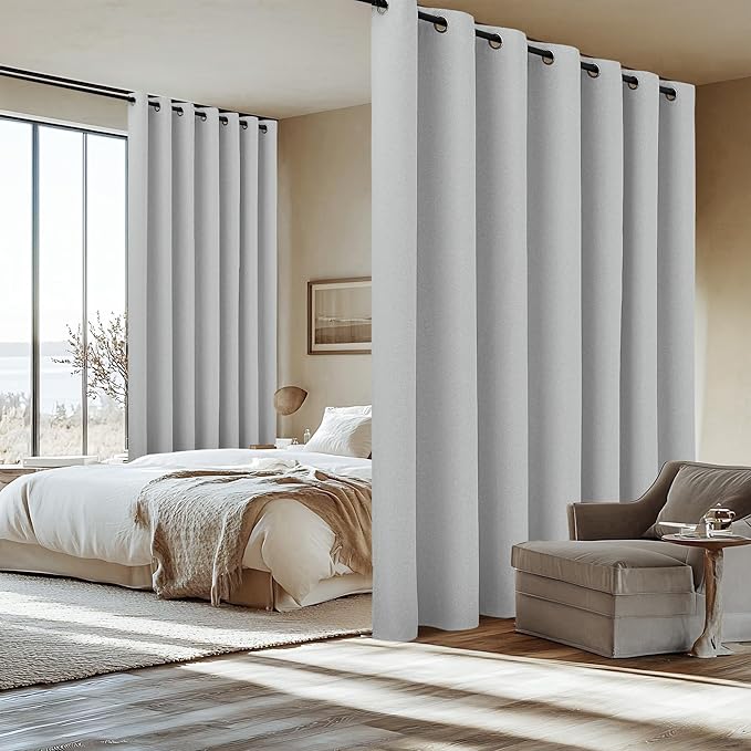 NICETOWN Vintage Open Linen Weave Flax Wall to Wall Room Dividers Curtain for Patio Sliding Door, Off White, 100% Blackout Curtains 84" Long, Soundproof Window Treatment Drapes for Hall Room