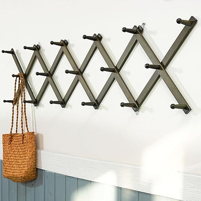 WEBI Accordion Wall Hanger,Expandable Wooden Hat Rack for Wall Mounted Coat Rack,Accordion Hat Hooks Holder for Baseball Caps,17 Peg Hooks,Black on White