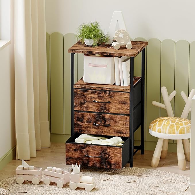 Fixwal Night Stand with 3 Fabric Drawers, Nightstand for Bedroom, Bedside Table with Charging Station End Table with Storage, Rustic Brown