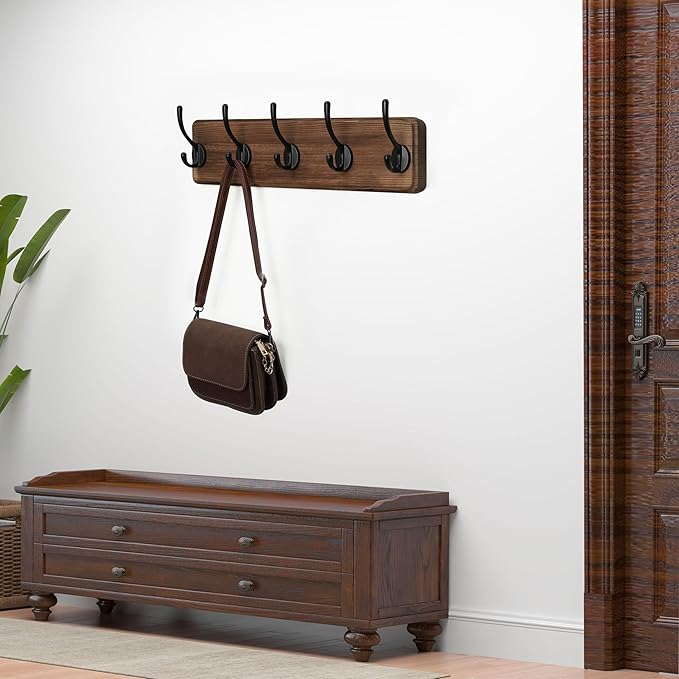 WEBI Coat Rack Wall Mount,Coat Hooks Wall Mounted,16" Hole to Hole,Coat Hanger Wall,Hook Rack Rail,5 Hooks for Hanging Jacket,Clothes,Hats,Rustic Brown