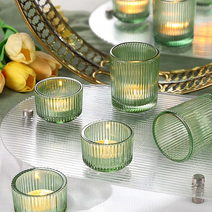 20pcs Ribbed Green Votive Candle Holders, Assorted Tea Light Candle Holder Glass for Wedding Table Decor, Green Candle Holders for Table Centerpieces, Brithday and Tea Party Decorations