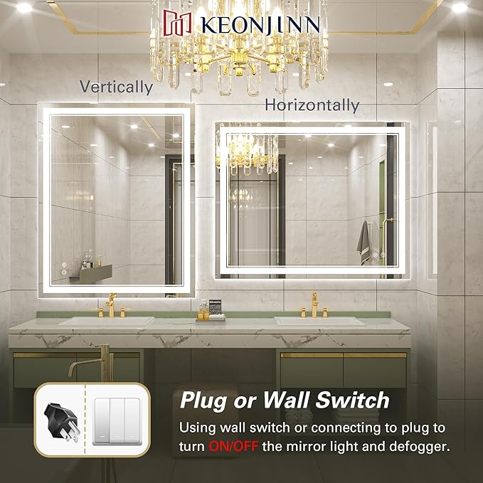 Keonjinn Lighted Bathroom Mirror, 40 x 32 Inch Bathroom LED Mirror with Lights, Frontlit Only, HD Tempered Glass, UL-Listed LED Driver, Anti-Fog, 6000K Dimmale, Easy Installation(Horizontal/Vertical)