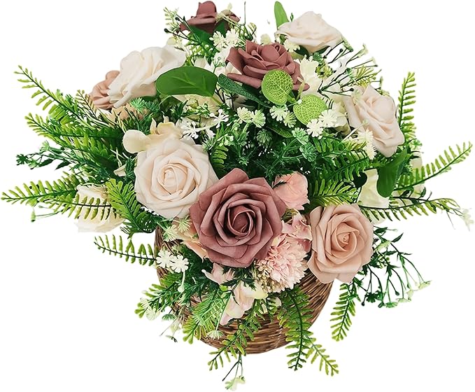 Artificial Flowers 25pcs Roses, Shade of Caramel Foam Fake Rose Faux Flower for DIY Wedding Bouquets Bridal Shower Centerpieces Floral Arrangements Party Tables Home Decorations