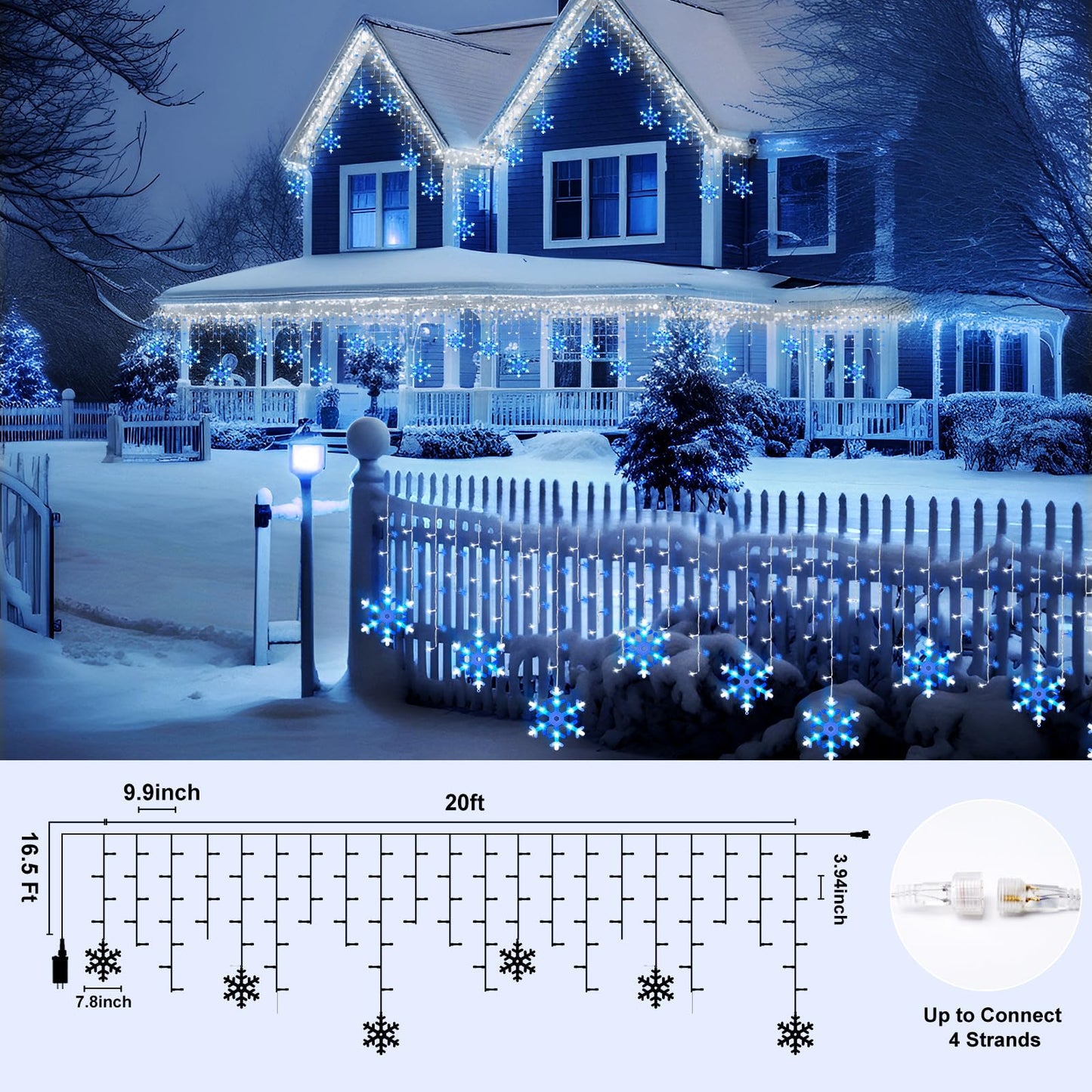 Minetom Icicle Lights Outdoor, 20FT 200 LED, 8 Modes, Timer, Waterproof, Blue & White, Model DMO-300