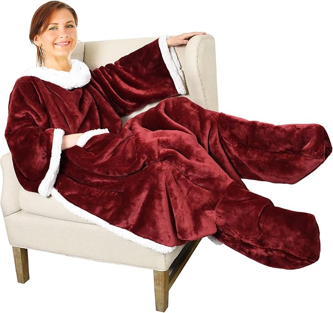 Catalonia Sherpa Wearable Blanket with Sleeves & Foot Pockets for Adult Women Men, Comfy Snuggly Wrap Sleeved Throw Blanket Robe, Gift Idea, Wine