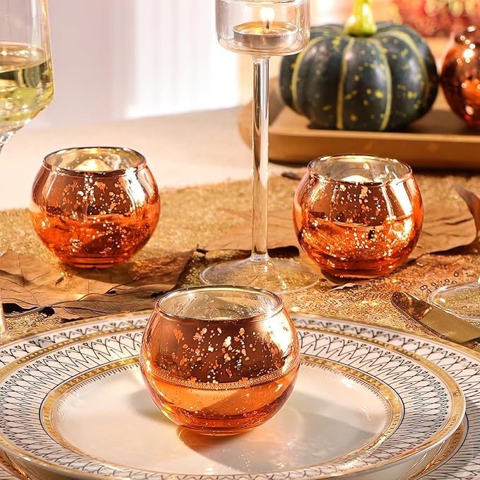 LAMORGIFT 24 Pcs Fall Tealight Candle Holders- Mercury Votive Candle Holders for Burnt OrangeTable Decorations, Terracotta Decor Glass Votives for Fall Party Boho Wedding Table Centerpieces
