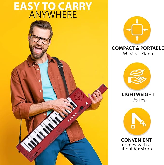 Pyle Digital Musical Keyboard 37 Keys, Electronic Karaoke Keytar with Wired Microphone, 4 Preset Selectable Tones, 4 Audio Rhythms, AUX Input, Rechargeable, Fun for Kids and All Ages