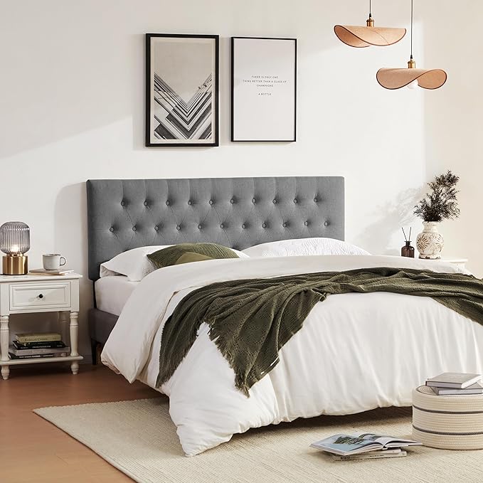 Tufted Upholstered Headboard Twin Size, Solid Wood Head Board with Durable Metal Legs, Adjustable Height Twin XL headboard from 37” to 51” Fabric Headboard in Modern Button Design, Grey