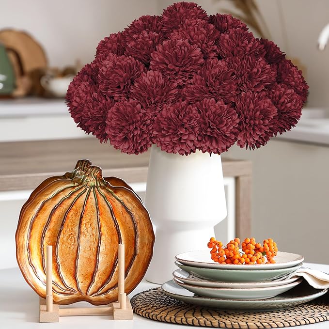 36 Pcs Burgundy Artificial Chrysanthemums Flowers Red Fake Mums Silk Ball Flowers for Fall Home Decor Wedding Table Centerpiece Christmas Floral Arrangements (Burgundy)