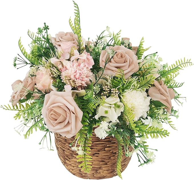Artificial Flowers 25pcs Fake Roses, Caramel Foam Rose Faux Flower for DIY Wedding Bouquets Bridal Shower Centerpieces Floral Arrangements Home Decorations Party Backdrops Table