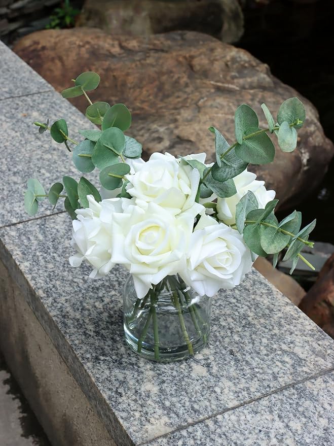 14" Artificial Flowers with White Roses in Vase, Fake Flowers in Artificial Water Vase, Silk Flower Arrangements with Artificial Flowers for Home Dining Table Decor.