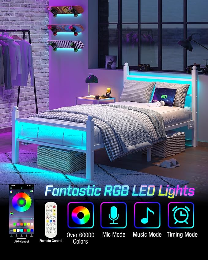Twin Bed Frame with Headboard and Footboard, Metal Bed Frame with Charging Station and LED Lights, Under Bed Storage, No Box Spring Needed,Noise Free,White