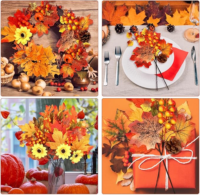 Ceenna 16 Bundles Fall Artificial Flowers for Outdoors Decorations Floral Picks Stem Fake Mums Eucalyptus Maple Leaves Berry for Garden Autumn Thanksgiving Arrangement(11 Inch,Maple Leaf)