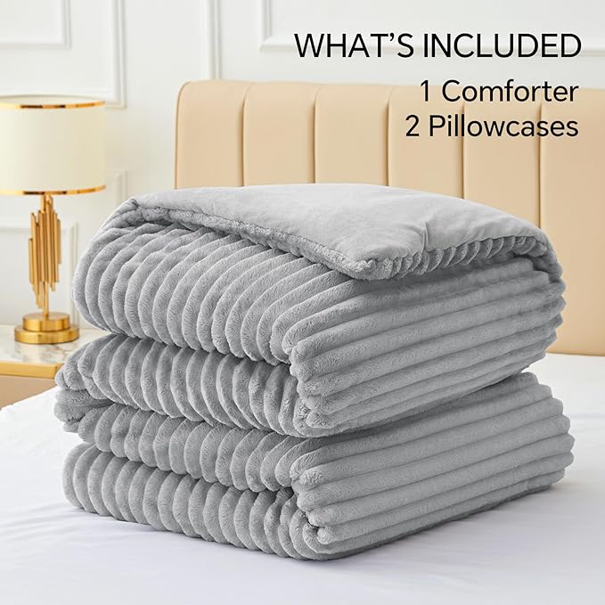 BEDELITE Fleece Full Comforter Set -Super Soft & Warm Fluffy Light Grey Bedding, Luxury Fuzzy Heavy Bed Set for Winter with 2 Pillow Cases
