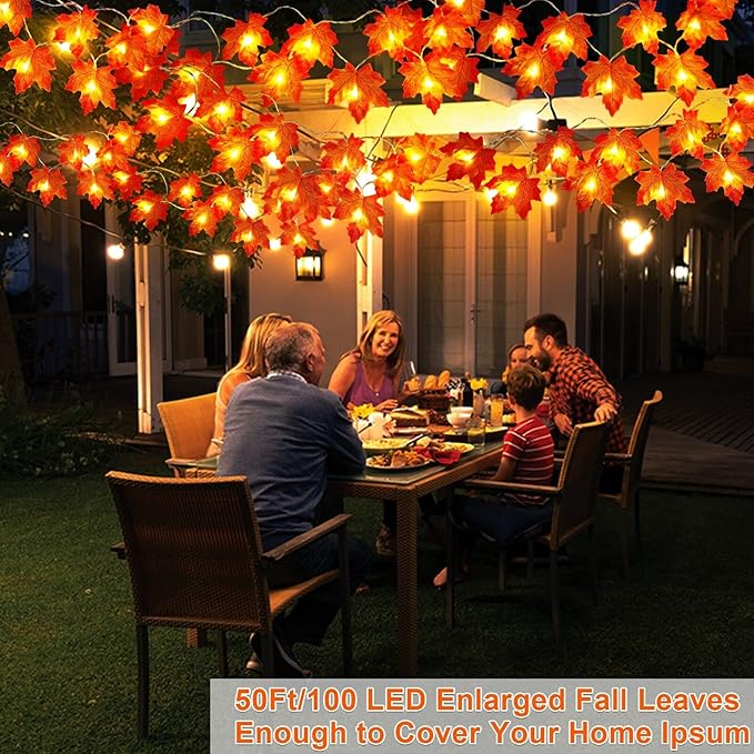 GBD Thanksgiving Decorations-5 Pack Total 50Ft 100LED Fall Garland with Lights Battery Operated Enlarged Maple Leaves Garlands for Fall Decorations for Home Christmas Halloween Indoor Outdoor Decor