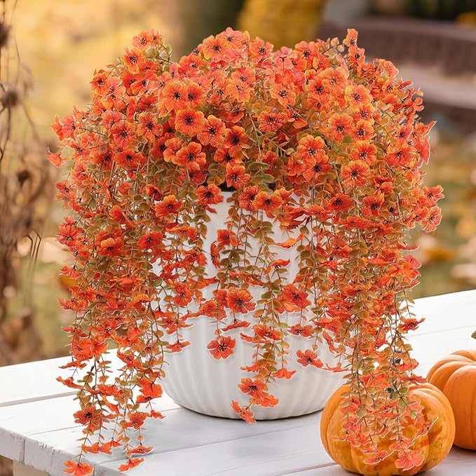 12 Pcs Artificial Hanging Mums Flowers Outdoor, Orange UV Resistant Fake Hanging Fall Plants for Outdoor Planter Patio Front Door Window Autumn Decoration (12, Orange)