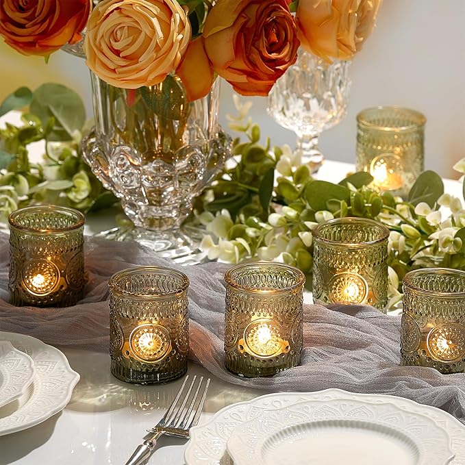 30 Pack Clear Glass Votive Candle Holders, Vintage Candle Holder Bulk, Tealight Candle Holders for Table Centerpieces, Home, Bridal Shower, Birthday, Christmas, Thanksgiving Party Table Decor (Green)