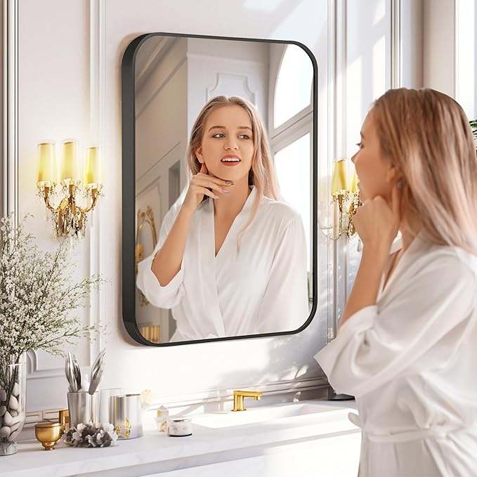 24"x36" Brushed Matte Black Metal Framed Rounded Rectangle Mirror, Wall Mounted Mirrors for Bathroom Entryway Vanity Living Room Bedroom, Vertical or Horizontal