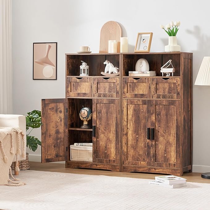 Iwell Storage Cabinet with 2 Drawers & Adjustable Shelves, Cupboard, Floor Cabinet for Living Room, Home Office, Rustic Brown