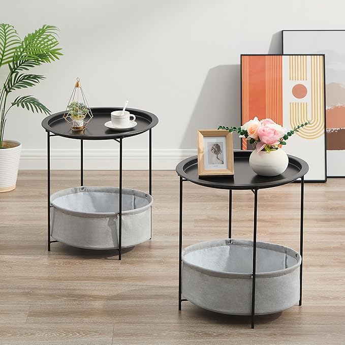 VECELO Round Side/End Table with Fabric Storage Basket,Metal Anti-Rust and Waterproof Small Bedside Nightstand with Removable Tray Top for Living Room,Balcony & Laundry,Black /2pcs with Basket
