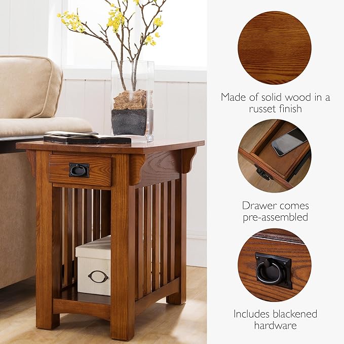 Leick Home Mission Impeccable End Table, Solid Wood Side Table with Drawer & Shelf, Slatted Sides, Blackened Hardware, Easy Assembly, Medium Oak Finish, 17 in L x 25 in W x 23 in H, 8206