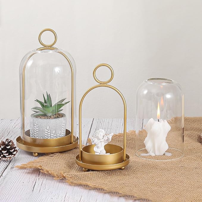 Versatile Metal Candle Holder Set with Handmade Glass Dome,Antique Brass Pillar Candle Stand, 5.2" & 4.1" Wide for Tabletop or Hanging, Industrial & Farmhouse Decor