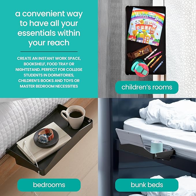 Modern Innovations 2 Count Bedside Organizer for Bed – Clip On Tray with Cup & Cord Holder – for College Dorm, Top Bunk, or Kids Bedroom (Black)