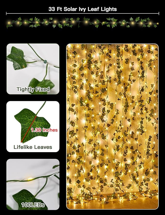 suddus Solar Fairy Lights with Vine, 33ft 100 Led Ivy Solar String Light Outdoor Waterproof, 8 Modes Leaf Lights for Balcony, Yard, Patio, Garden, Fence (Warm White)