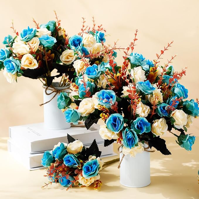 Hotop 12 Bunches of Artificial Flowers Centerpiece 13 Inches Silk Faux Roses Bouquets for Table Decoration Realistic Bouquet Arrangement Boho Faux Flowers for Wedding (Light Blue)