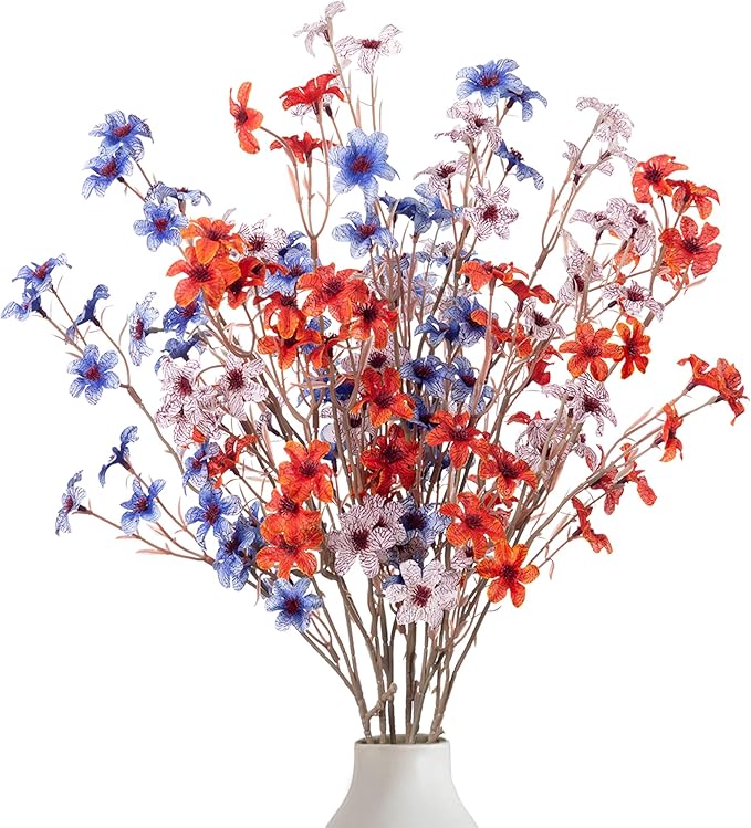 Artificial Flowers with Stems, 6 Pcs Long Stem Fake Flower Vase Filler Arrangements for Wedding Home Party Indoor Decor, Vase Not Included