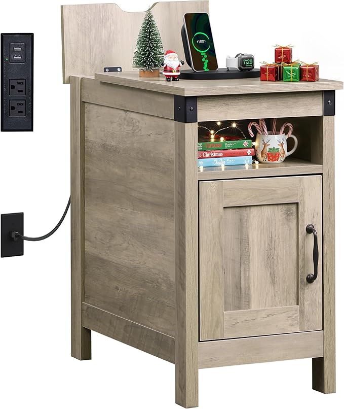 WLIVE Farmhouse End Table with Charging Station, Narrow Side Table for Living Room, Bedroom, Small Nightstand with Storage, USB Ports and Outlets, Small Wooden Cabinet, Greige
